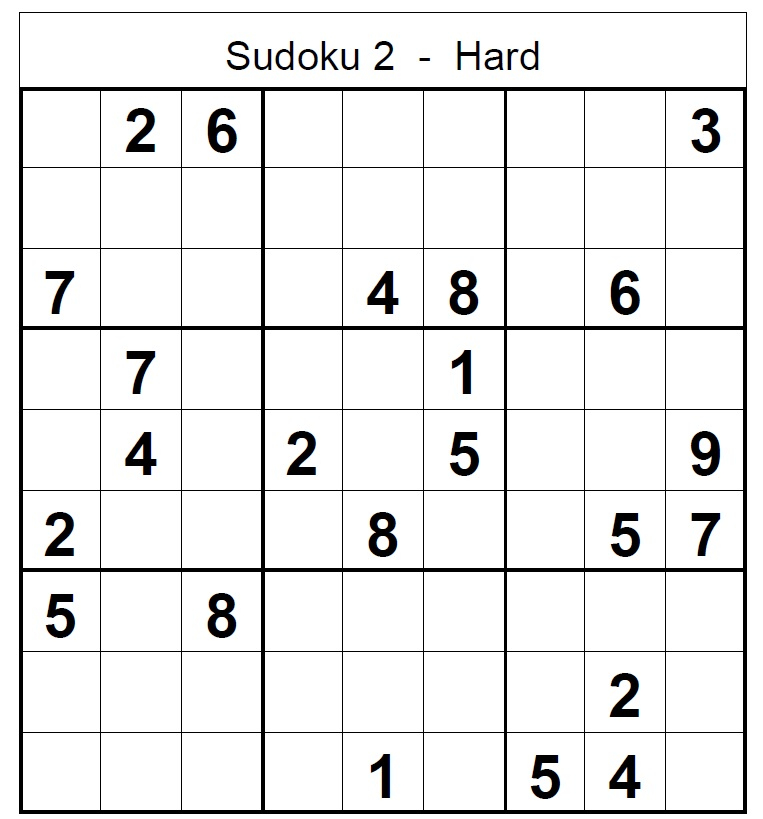 Hard Sudoku Puzzle No 2 Sudoku Hard Puzzles