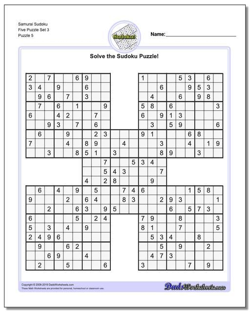 Https www dadsworksheets Samurai Sudoku Five Puzzle Set 3 