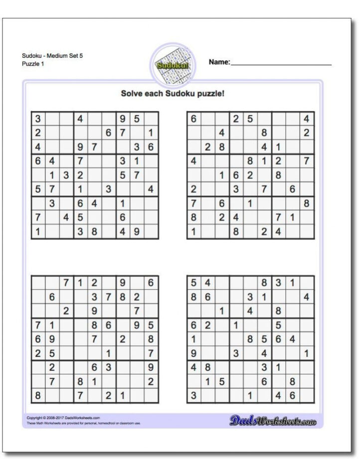 Sudoku Medium Level Printable Worksheets