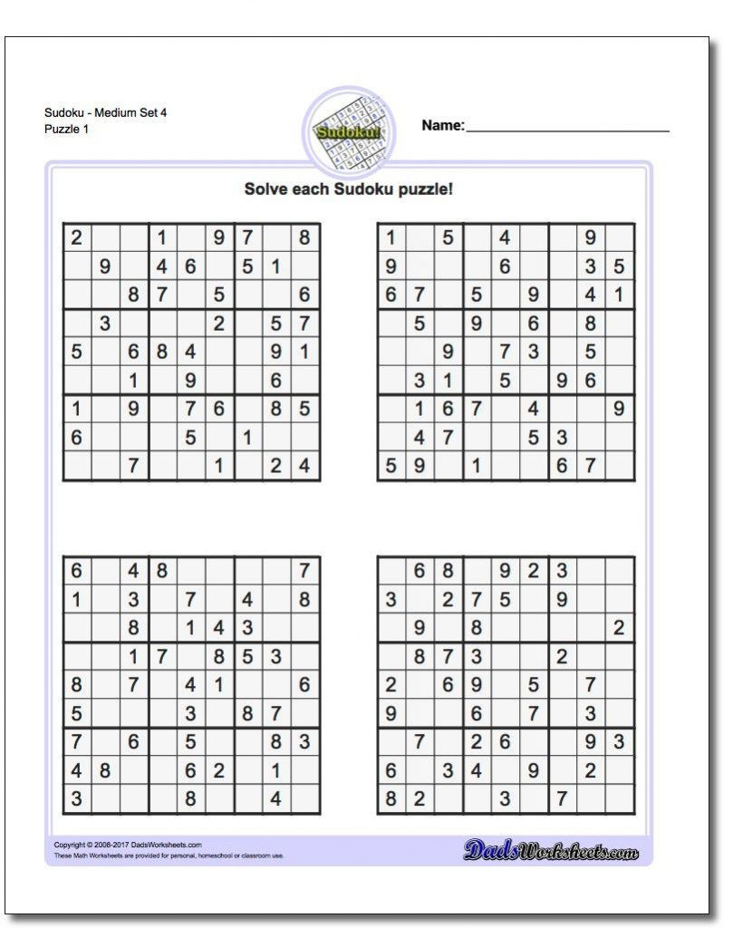 Printable Medium Sudoku Puzzles Math Worksheets Sudoku Puzzles 